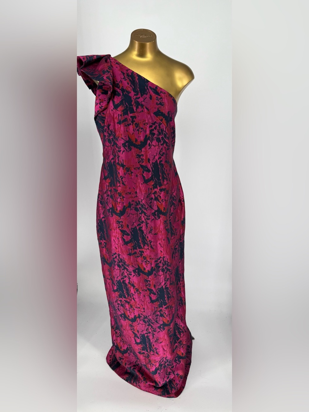 NWT Pamella Roland One-Shoulder Fuchsia Navy Floral Jacquard Formal Gown Size 16